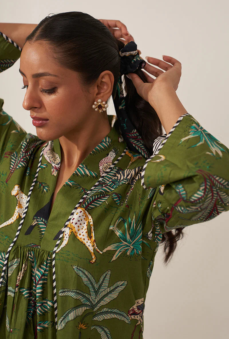 Green Tropical And Stripe Lovebirds Kurta Set/ Coord set with Pants