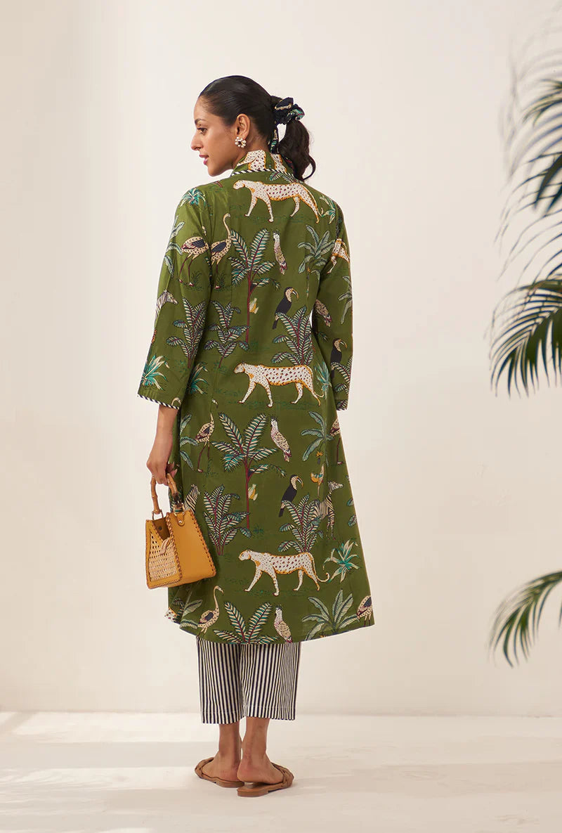 Green Tropical And Stripe Lovebirds Kurta Set/ Coord set with Pants