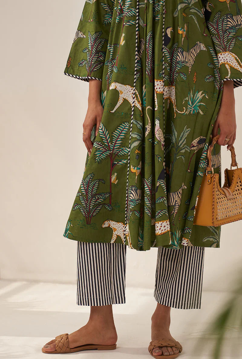 Green Tropical And Stripe Lovebirds Kurta Set/ Coord set with Pants