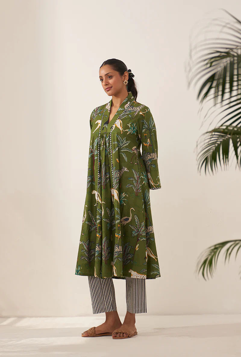 Green Tropical And Stripe Lovebirds Kurta Set/ Coord set with Pants