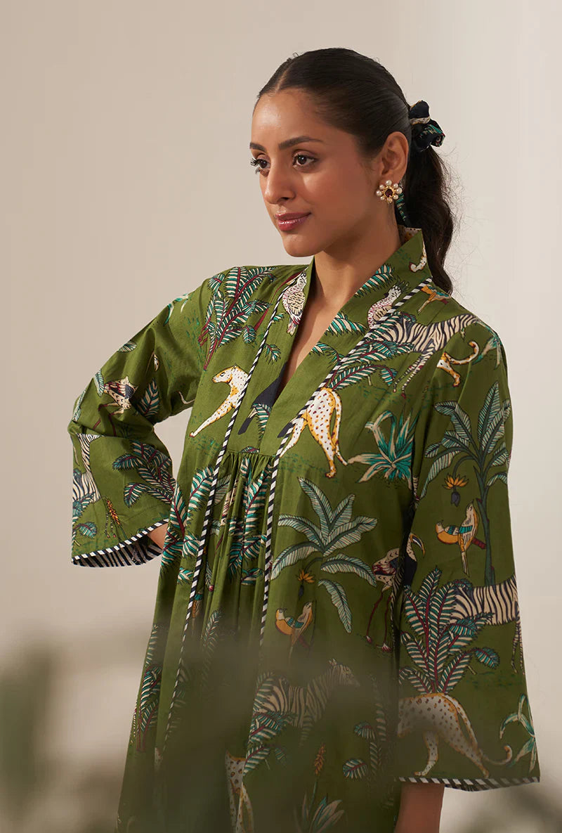 Green Tropical And Stripe Lovebirds Kurta Set/ Coord set with Pants