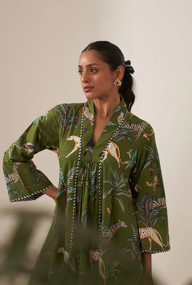 Green Tropical And Stripe Lovebirds Kurta Set/ Coord set with Pants