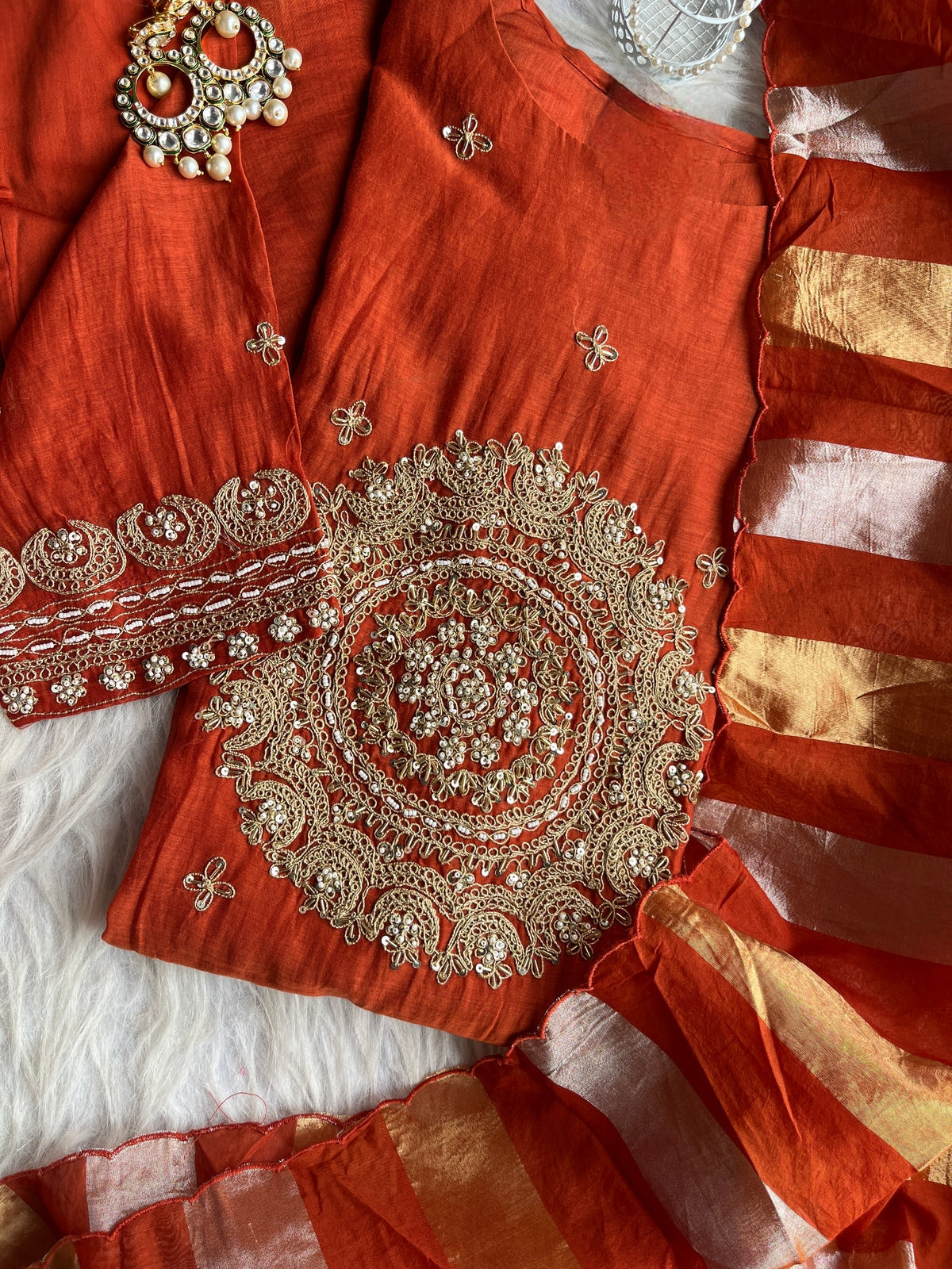 Khwab Premium Mul Chanderi Suit - RUST ORGANGE