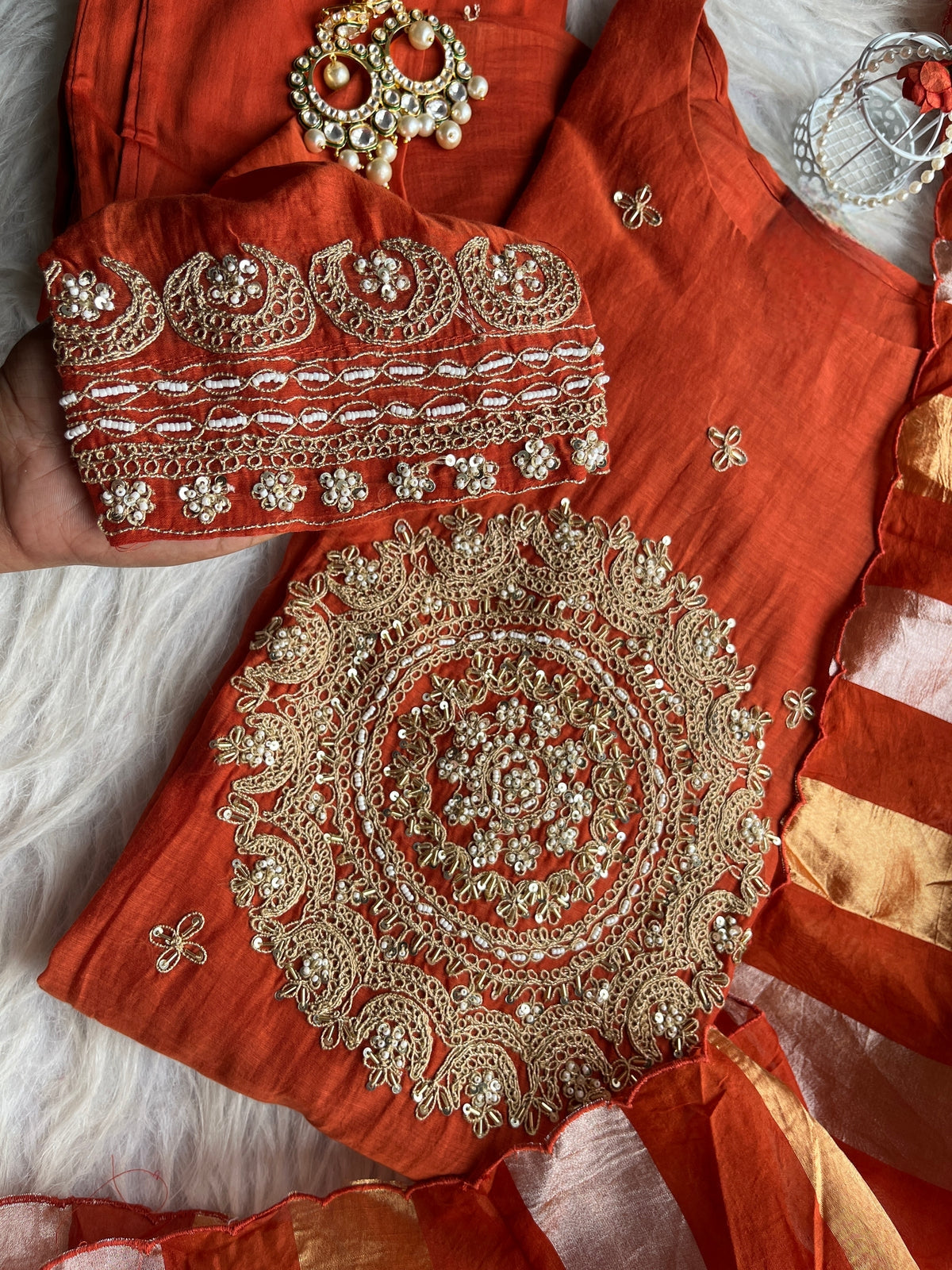 Khwab Premium Mul Chanderi Suit - RUST ORGANGE