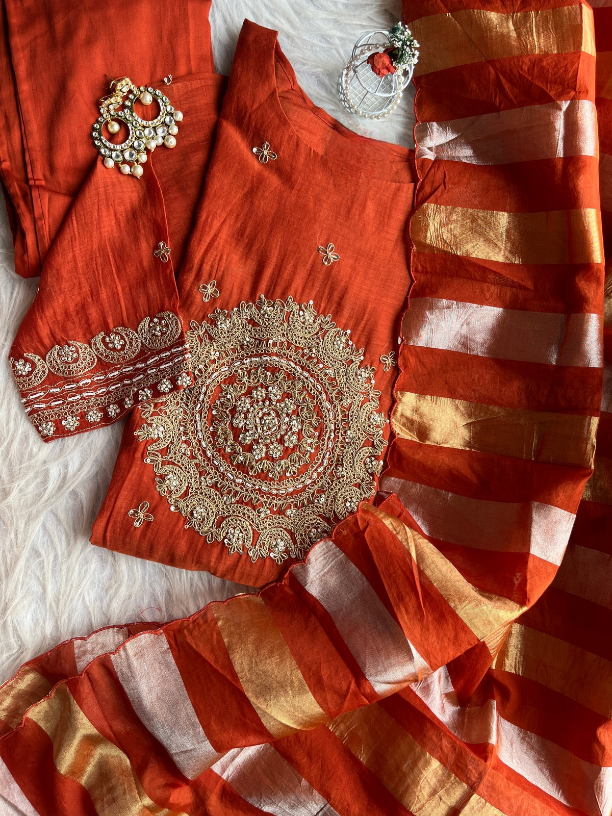 Khwab Premium Mul Chanderi Suit - RUST ORGANGE