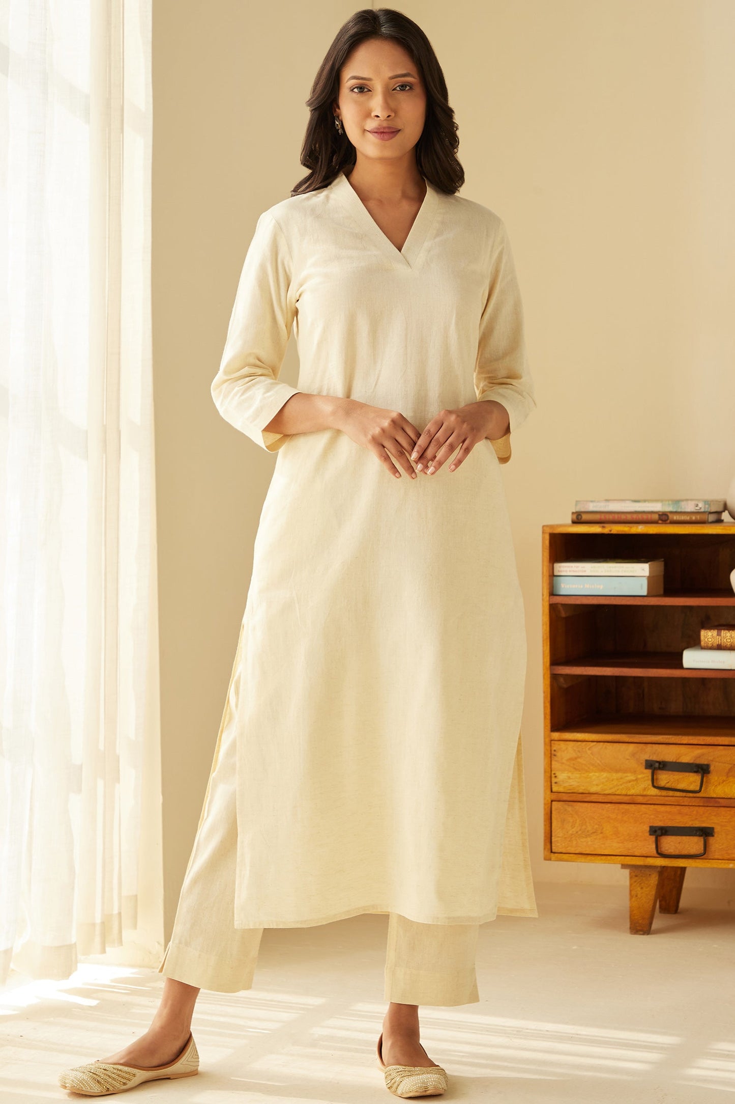Cream Handcrafted Straight Khadi Cotton Kurta Pant Set For Womens