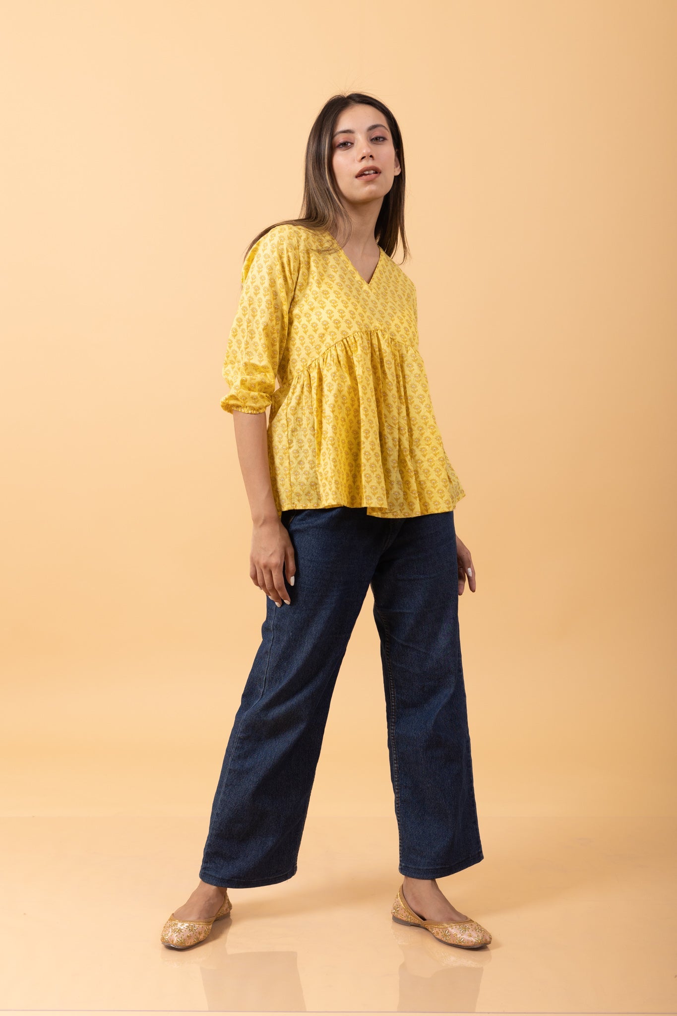 Yellow Buti 100% Cotton summer Short Kurti for Jeans -Peplum Top