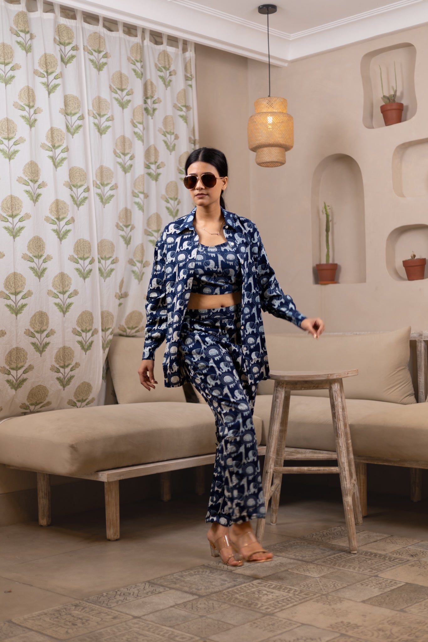 Printed Indigo Animal Kingdom Cotton Vacay Set
