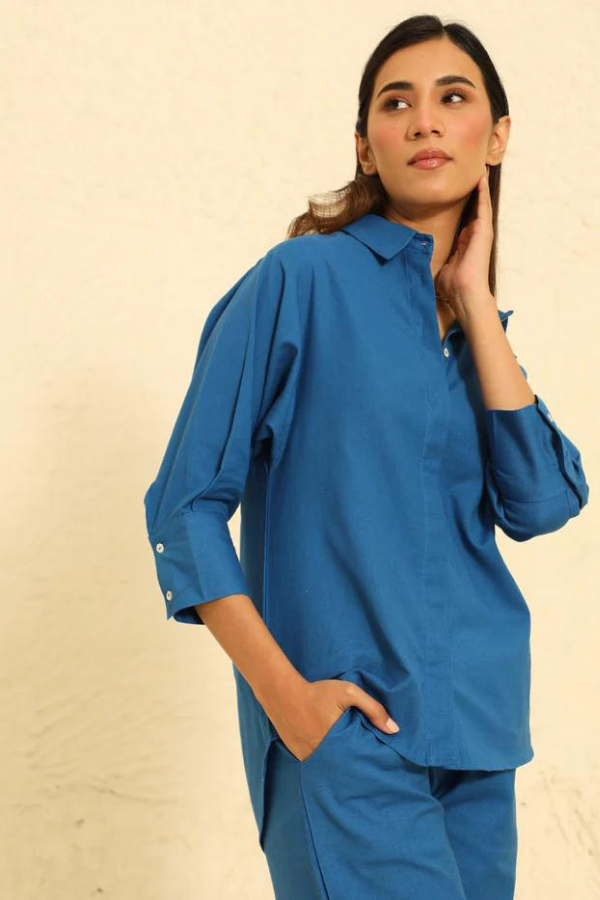 Blue Airy Linen Chic Sleeve Cord-Set