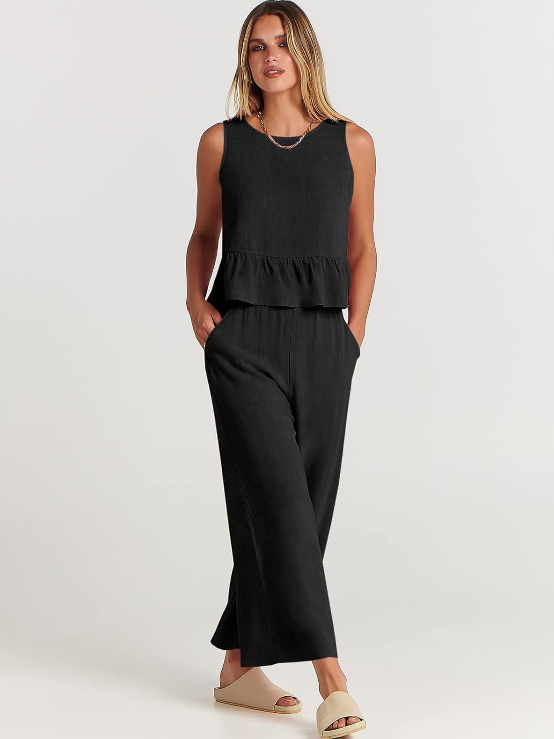 100% Viscose Linen Two Piece Coord set - Ruffles Crop Top & Wide Leg Pants -Black