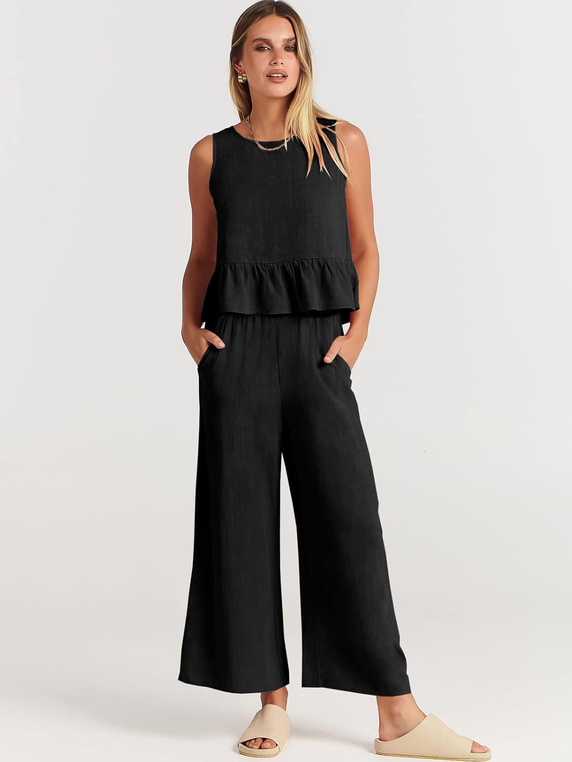 100% Viscose Linen Two Piece Coord set - Ruffles Crop Top & Wide Leg Pants -Black