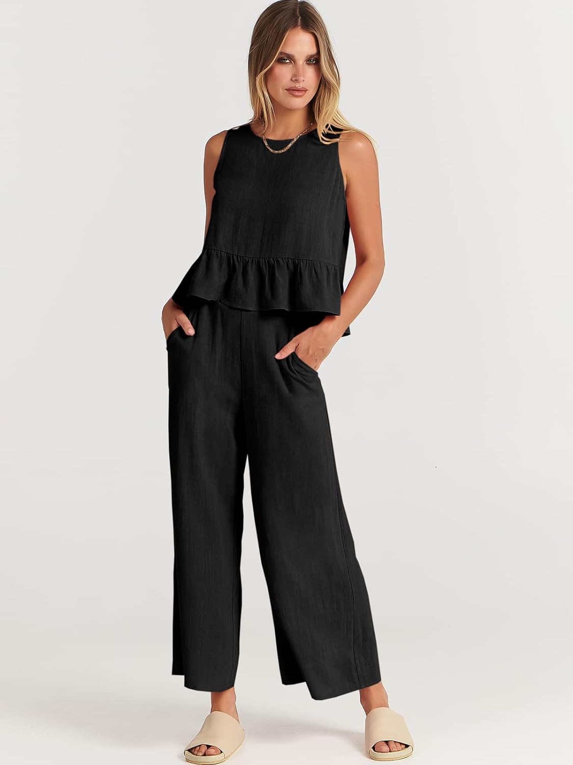 100% Viscose Linen Two Piece Coord set - Ruffles Crop Top & Wide Leg Pants -Black
