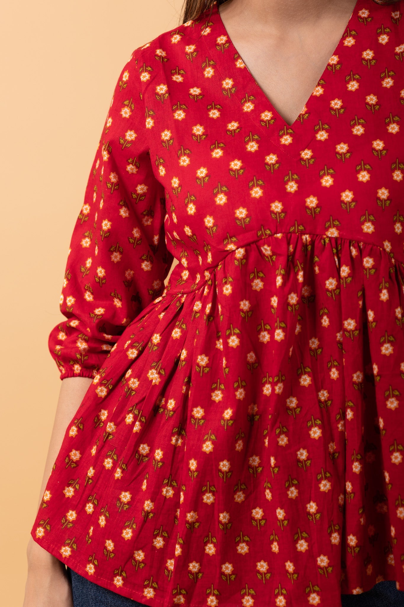 Red 100% Cotton short kurti with yellow butta