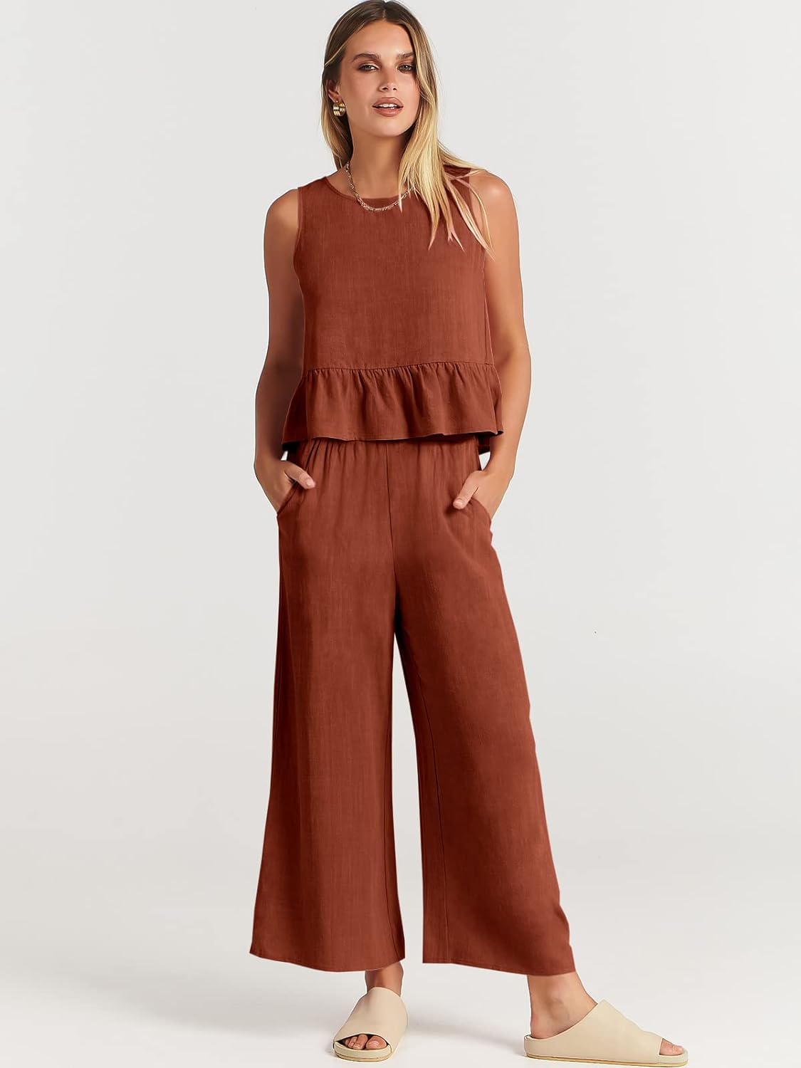 100% Viscose Linen Two Piece Coord set - Ruffles Crop Top & Wide Leg Pants - Brown