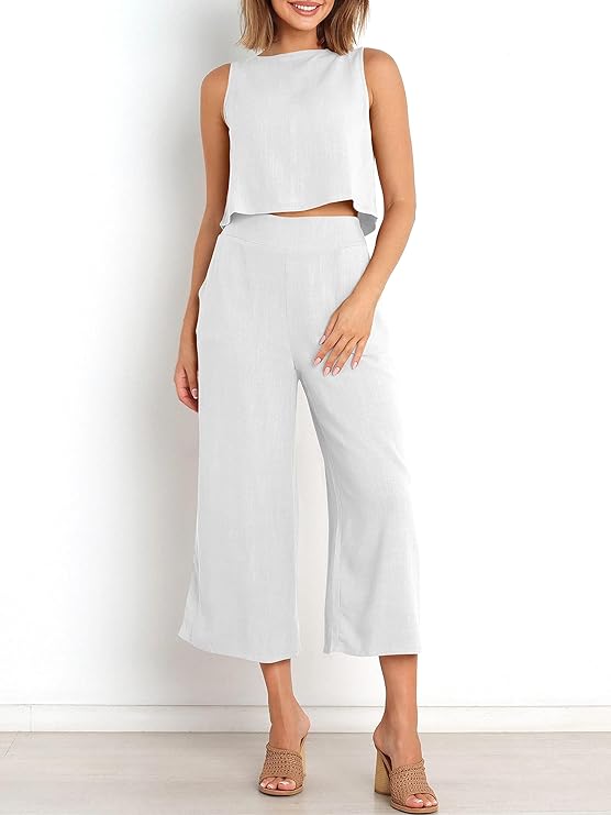 100% Soft Linen Viscose White Cord-Set- Crop-Top and Shirt Set