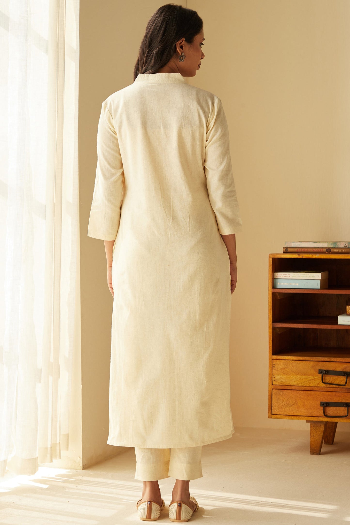 Cream Handcrafted Straight Khadi Cotton Kurta Pant Set For Womens