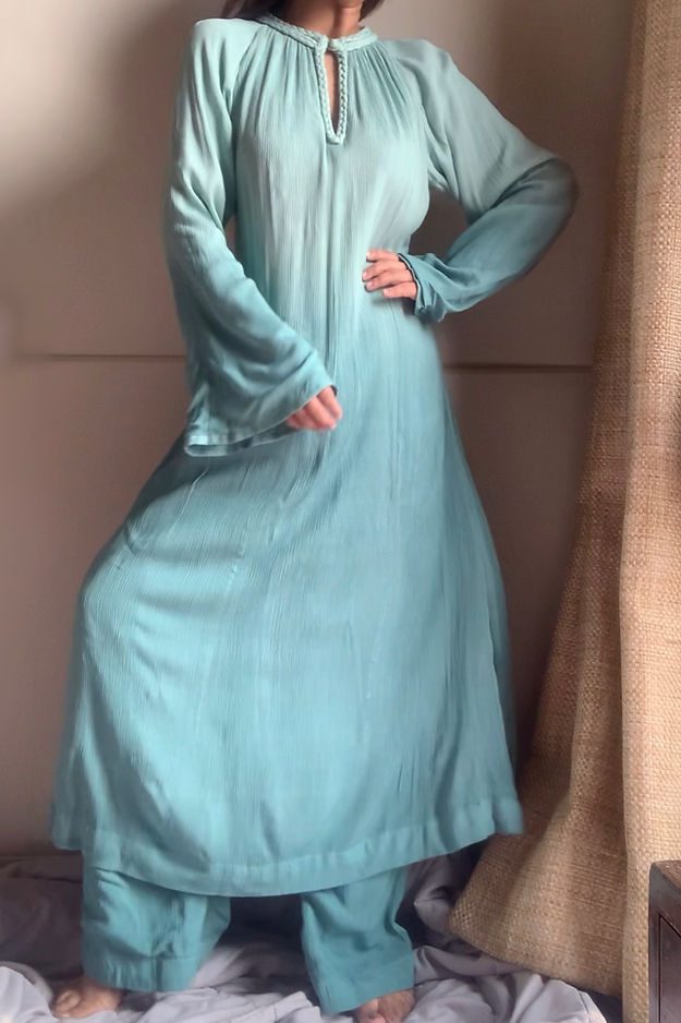 The Mira Set : Tie Dye Teal Long Kurta and pant