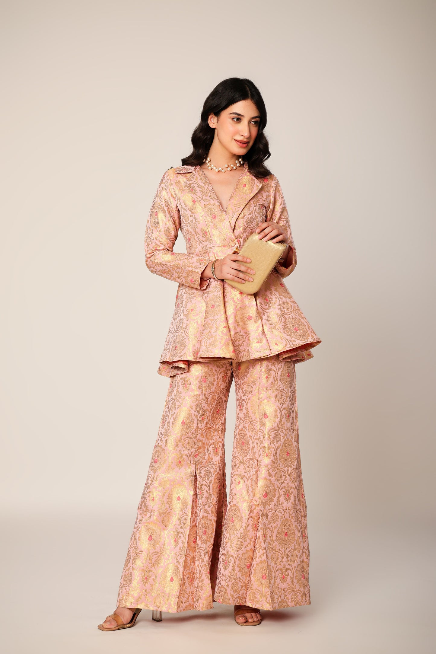 Blush Banarasi Brocade Kimono Peplum Set