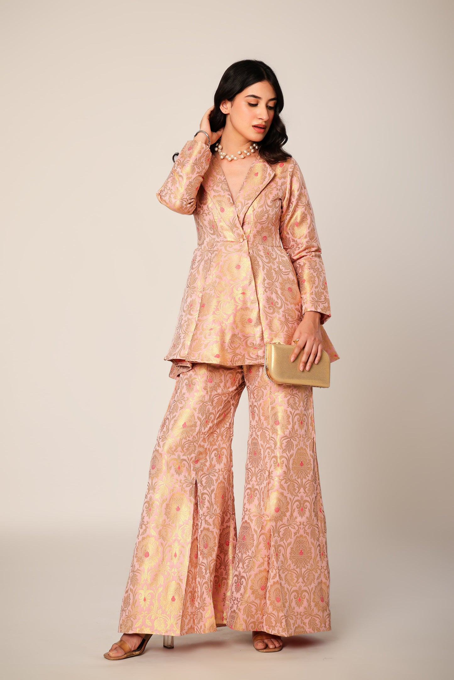Blush Banarasi Brocade Kimono Peplum Set