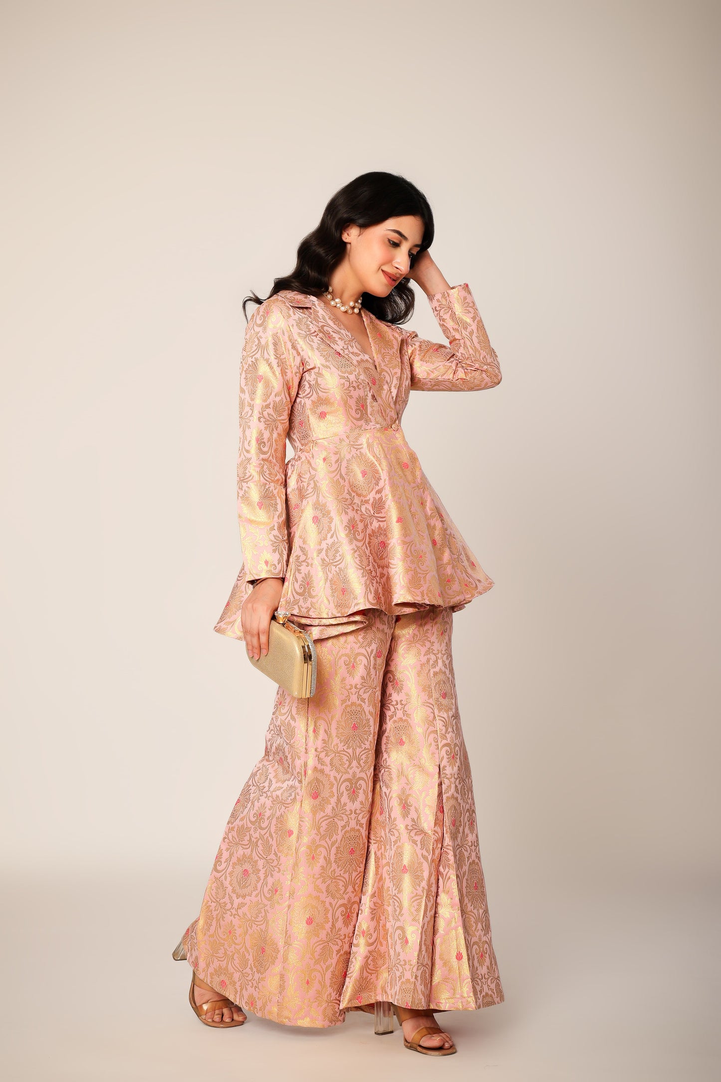 Blush Banarasi Brocade Kimono Peplum Set