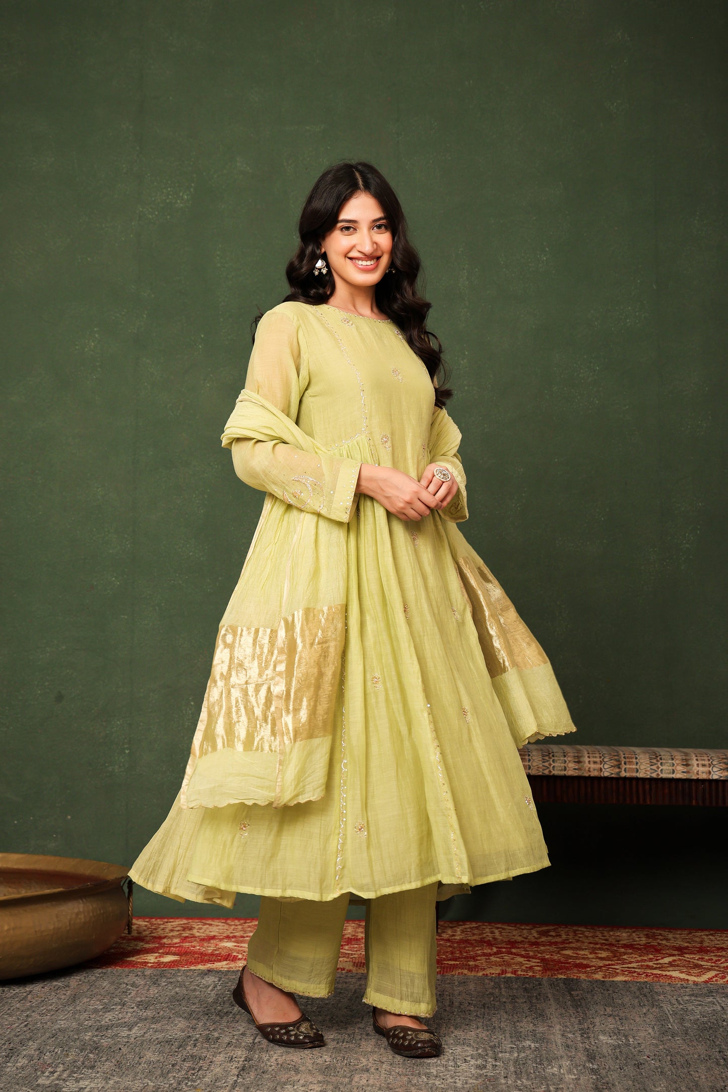 Mulchanderi Chand Kali Suit - Pista Green