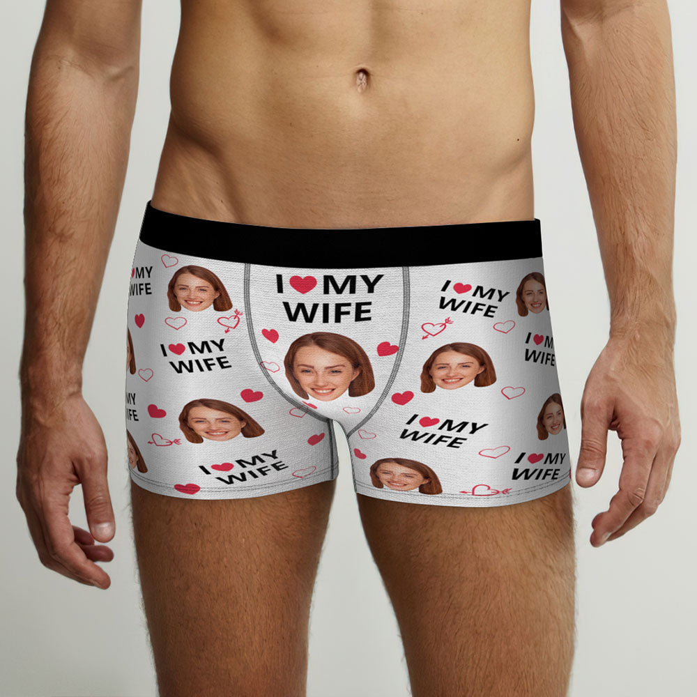 Custom Face Men Underwear Personalised Funny Boxer Valentine's Day Gift for Him - I love my wife D16