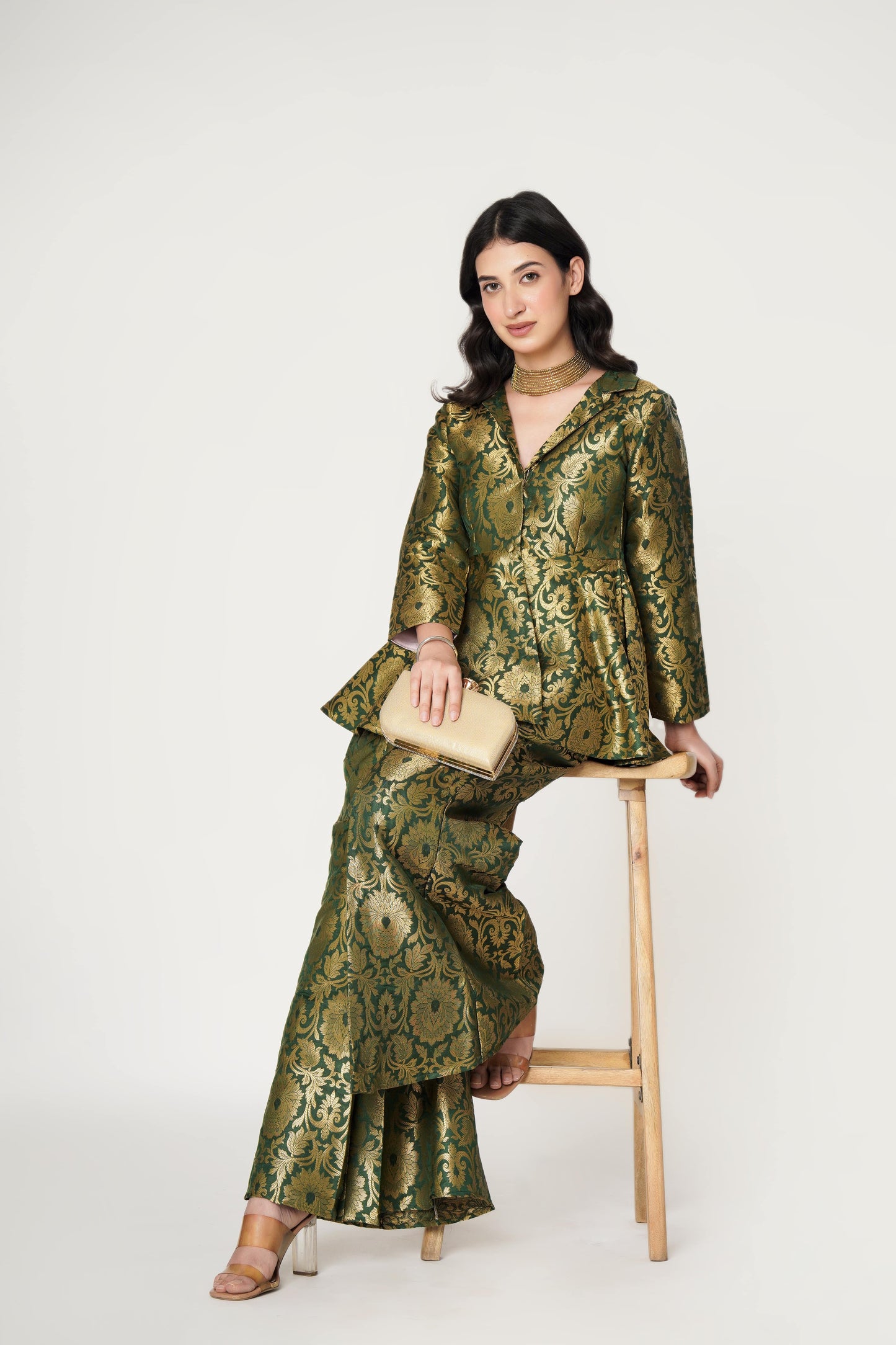 Emerald Banarasi Brocade Kimono Peplum Set