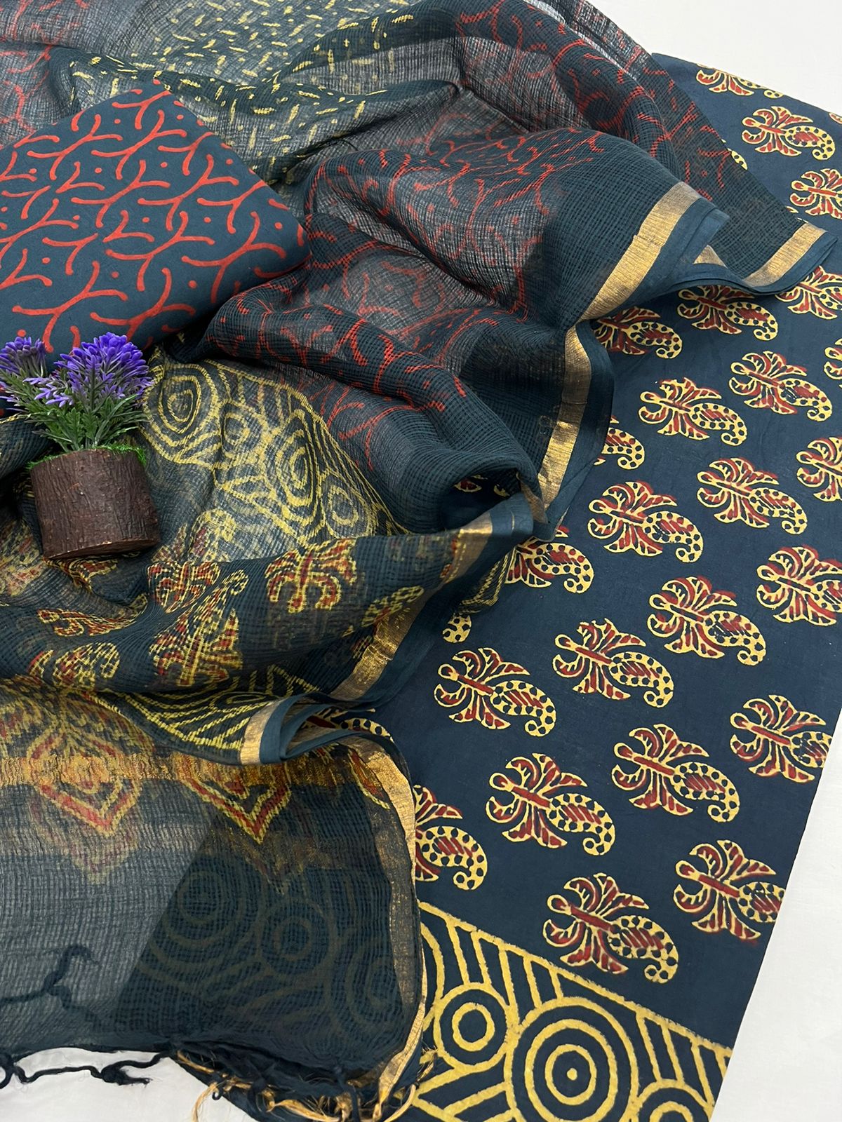 Green Traditional Block Printed Kota Doriya Dupatta suit