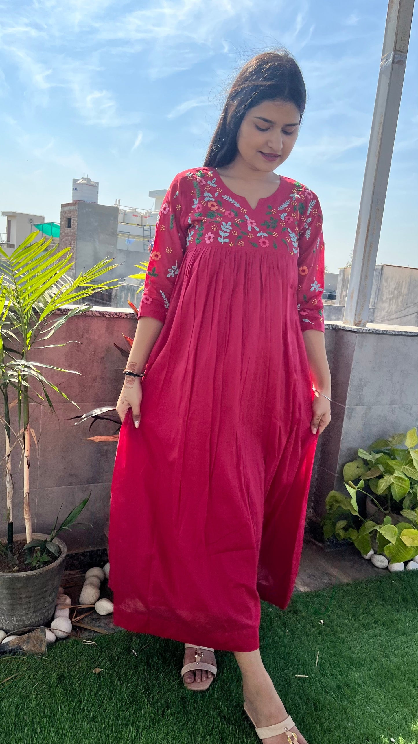 Pure Mul Cotton Dress With Pants - Fusia Pink