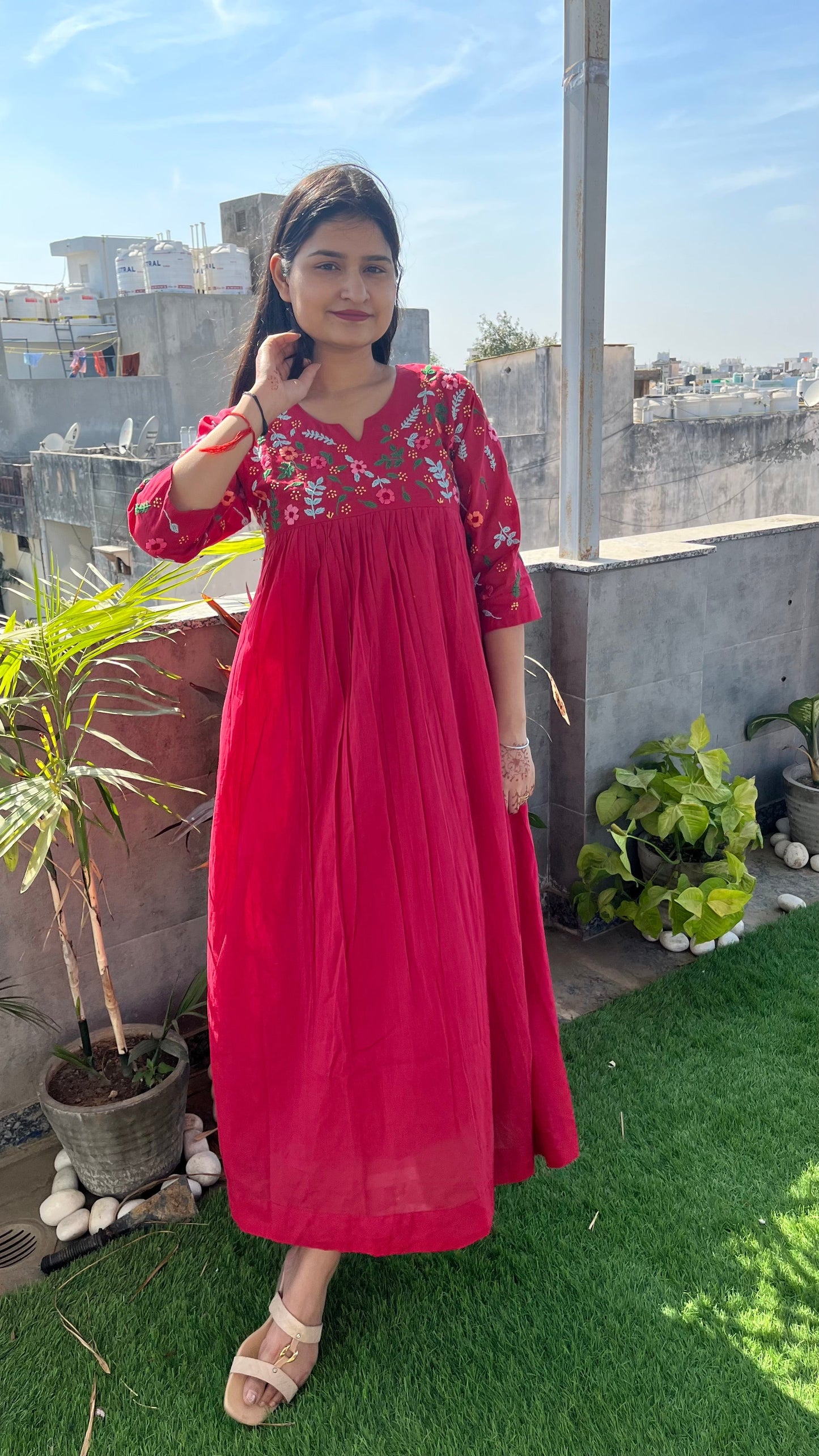 Pure Mul Cotton Dress With Pants - Fusia Pink