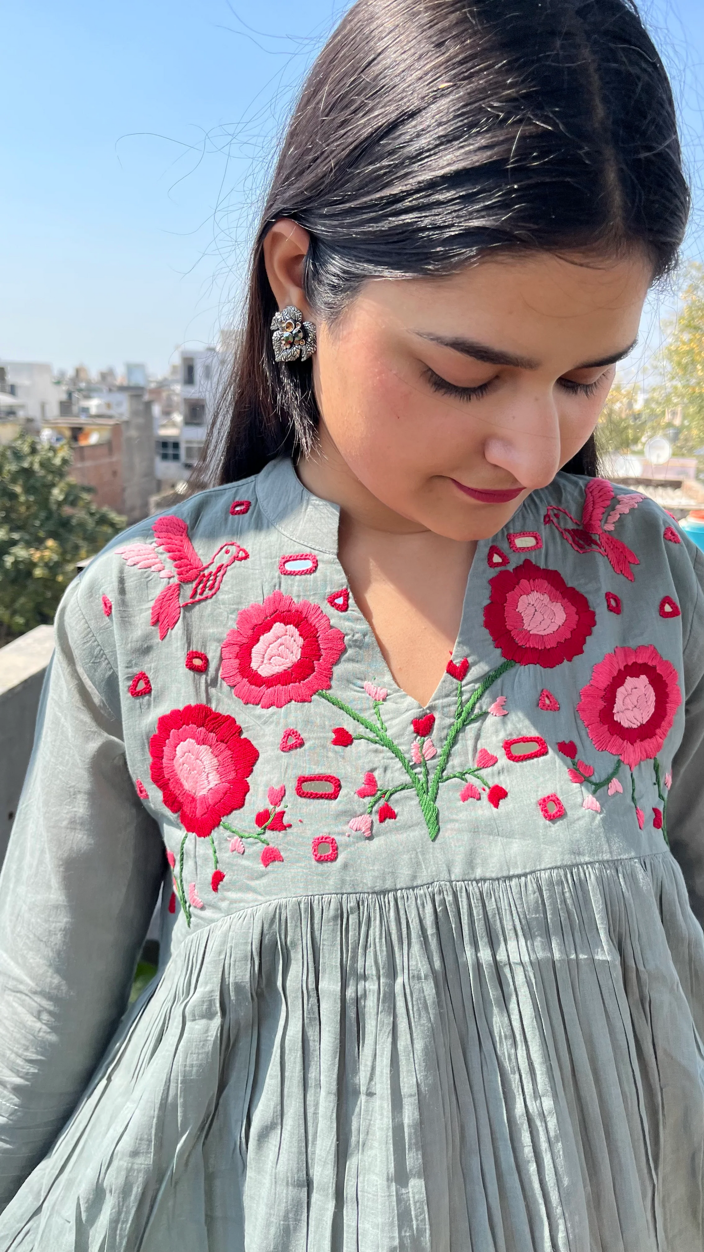 Blossom- Hand Thread Embroidery Mul Cotton Dress with Pant - Gray