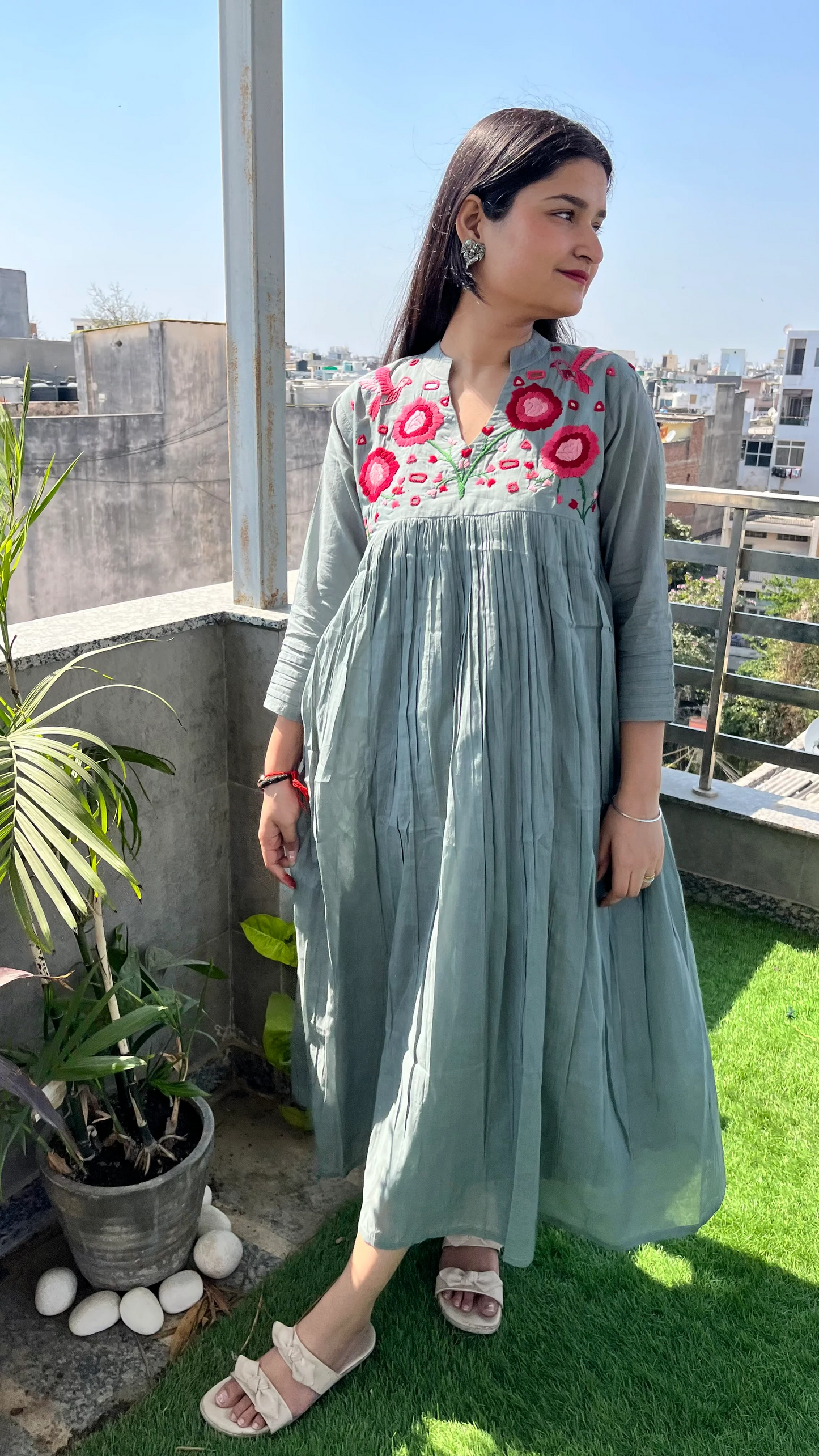 Blossom- Hand Thread Embroidery Mul Cotton Dress with Pant - Gray