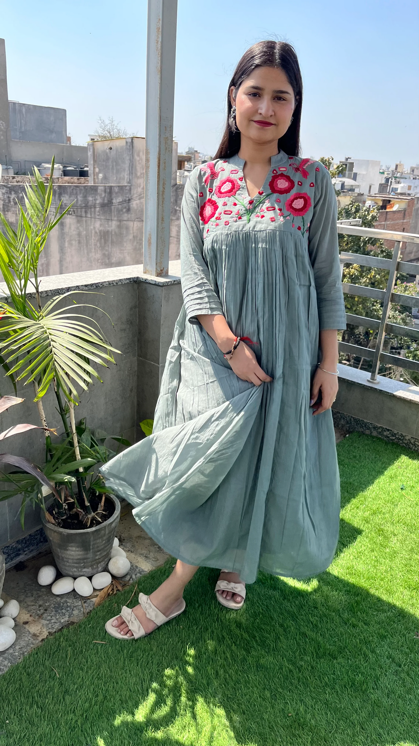 Blossom- Hand Thread Embroidery Mul Cotton Dress with Pant - Gray