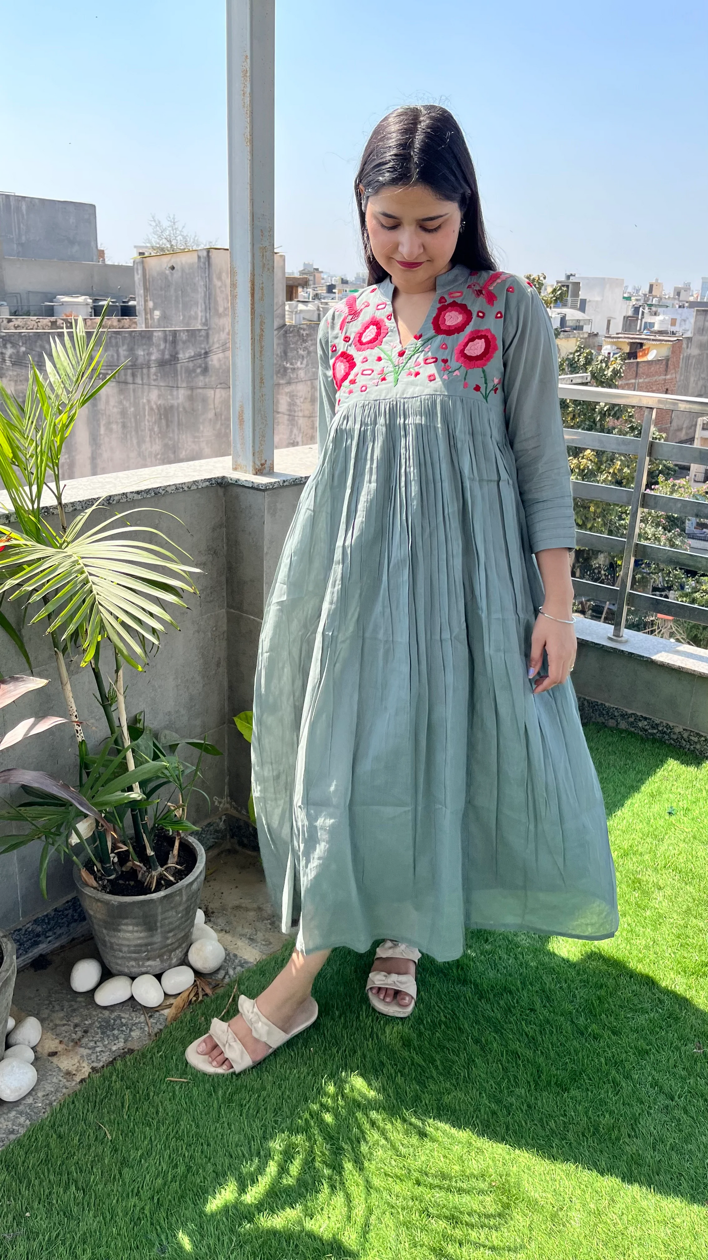 Blossom- Hand Thread Embroidery Mul Cotton Dress with Pant - Gray
