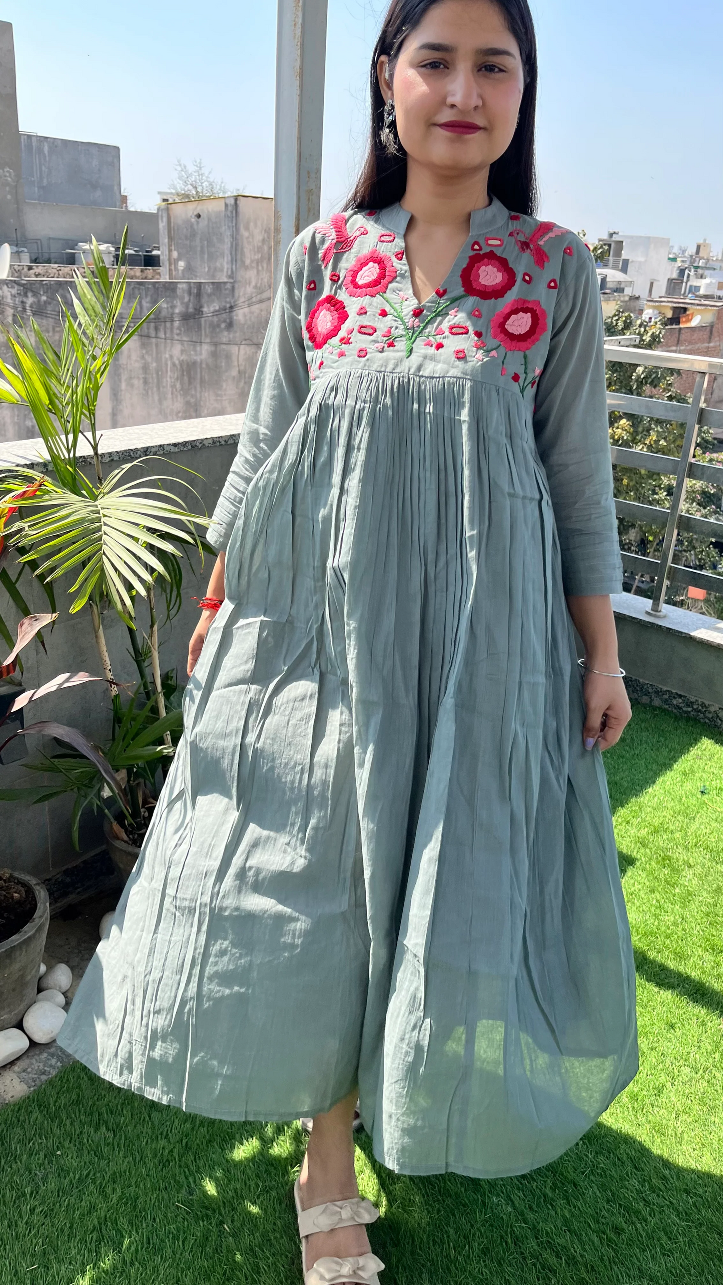 Blossom- Hand Thread Embroidery Mul Cotton Dress with Pant - Gray