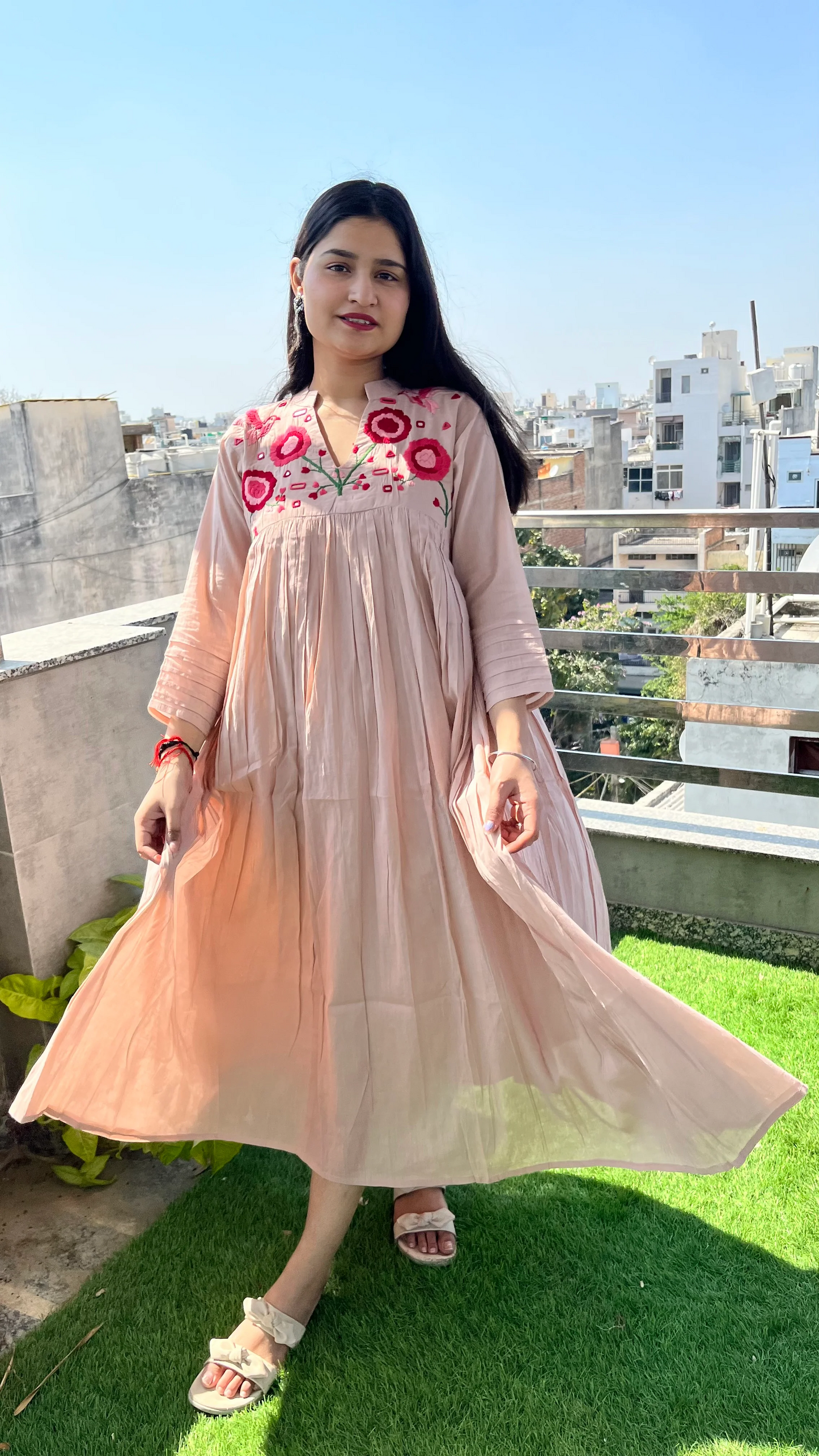 Blossom- Hand Thread Embroidery Mul Cotton Dress with Pant - Pastel Pink