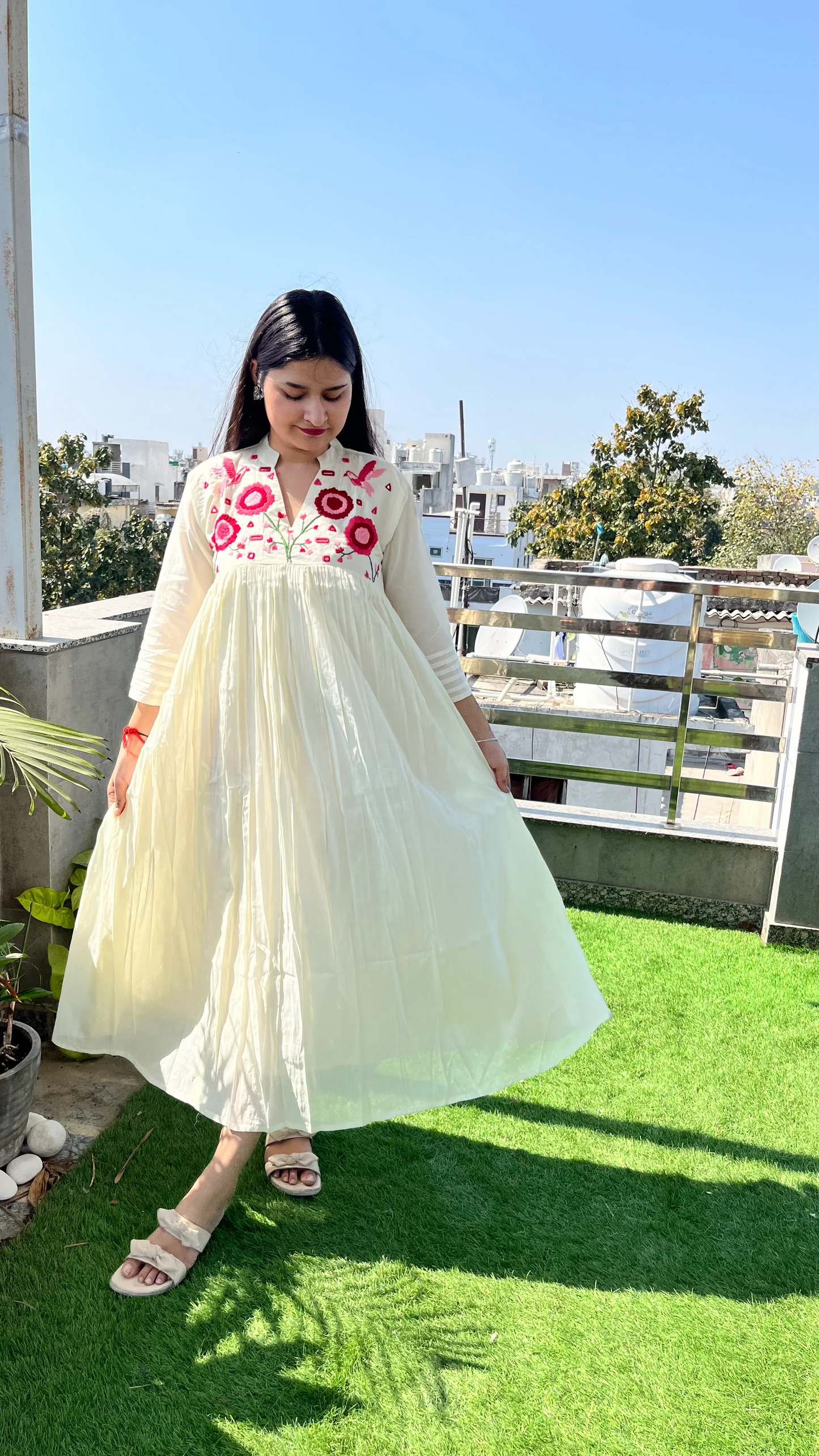 Blossom- Hand Thread Embroidery Mul Cotton Dress with Pant - White