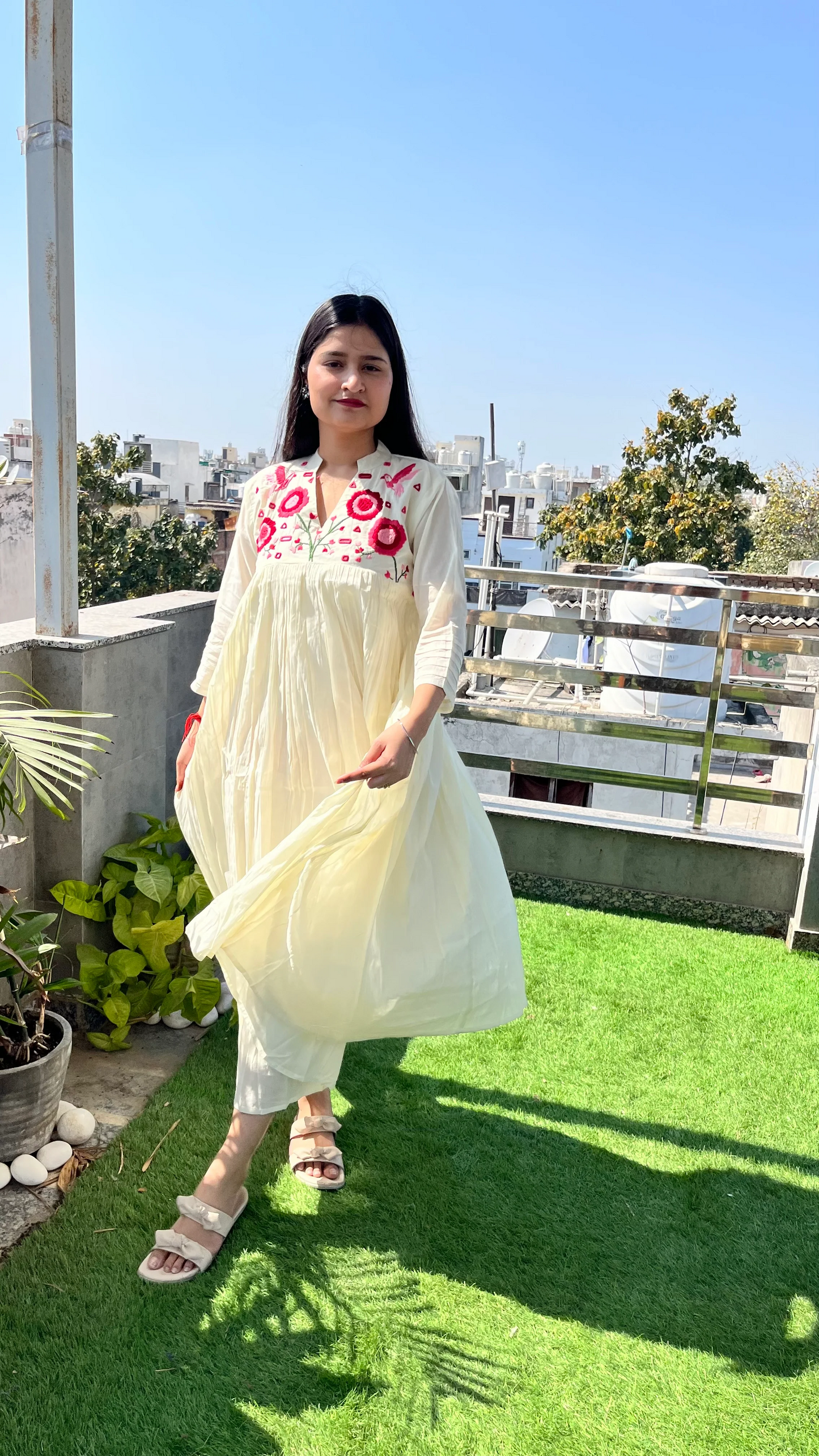 Blossom- Hand Thread Embroidery Mul Cotton Dress with Pant - White