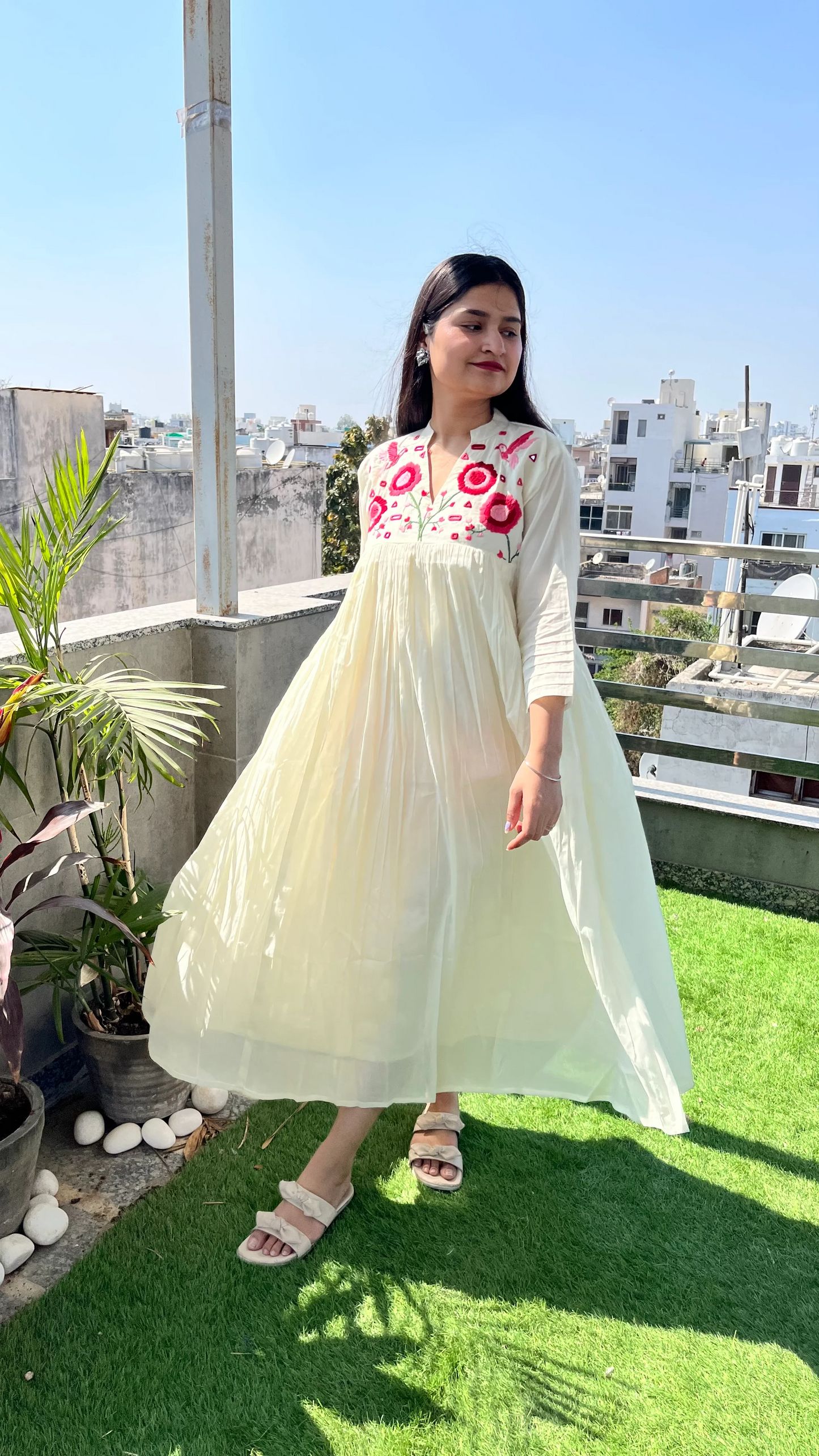 Blossom- Hand Thread Embroidery Mul Cotton Dress with Pant - White