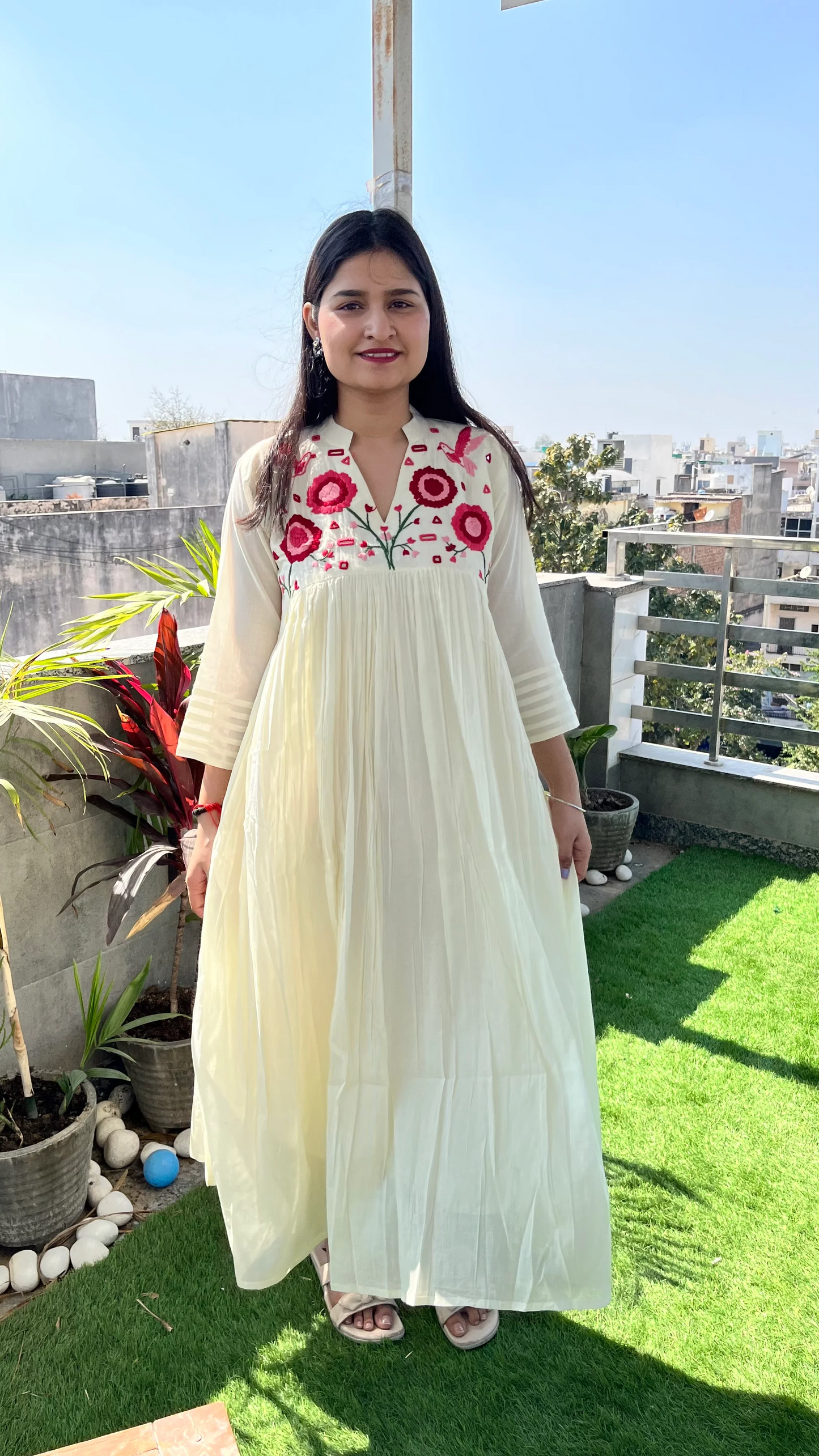 Blossom- Hand Thread Embroidery Mul Cotton Dress with Pant - White