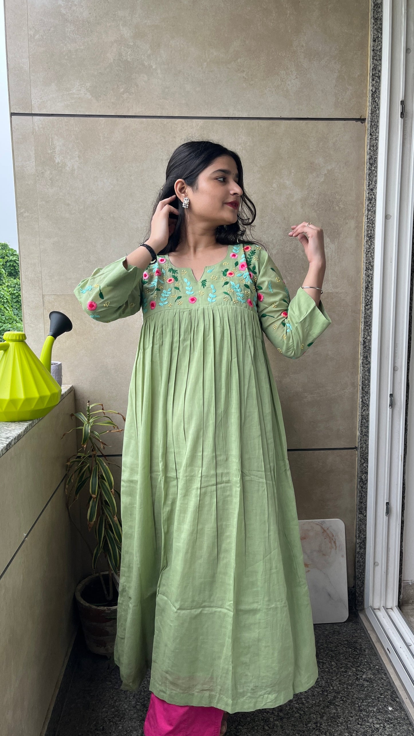 Pure Mul Cotton Dress With Pants - GREEN