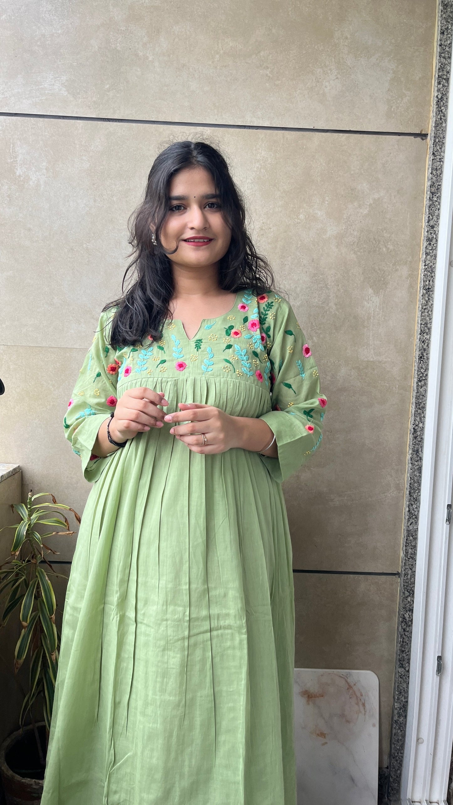 Pure Mul Cotton Dress With Pants - GREEN