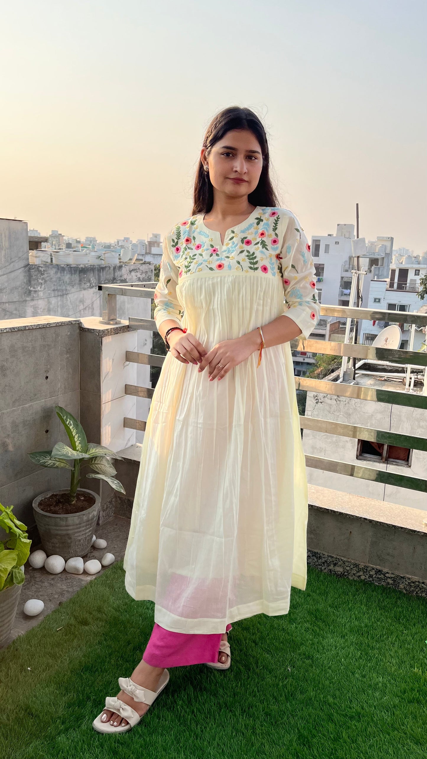 Pure Mul Cotton Dress With Pants - White