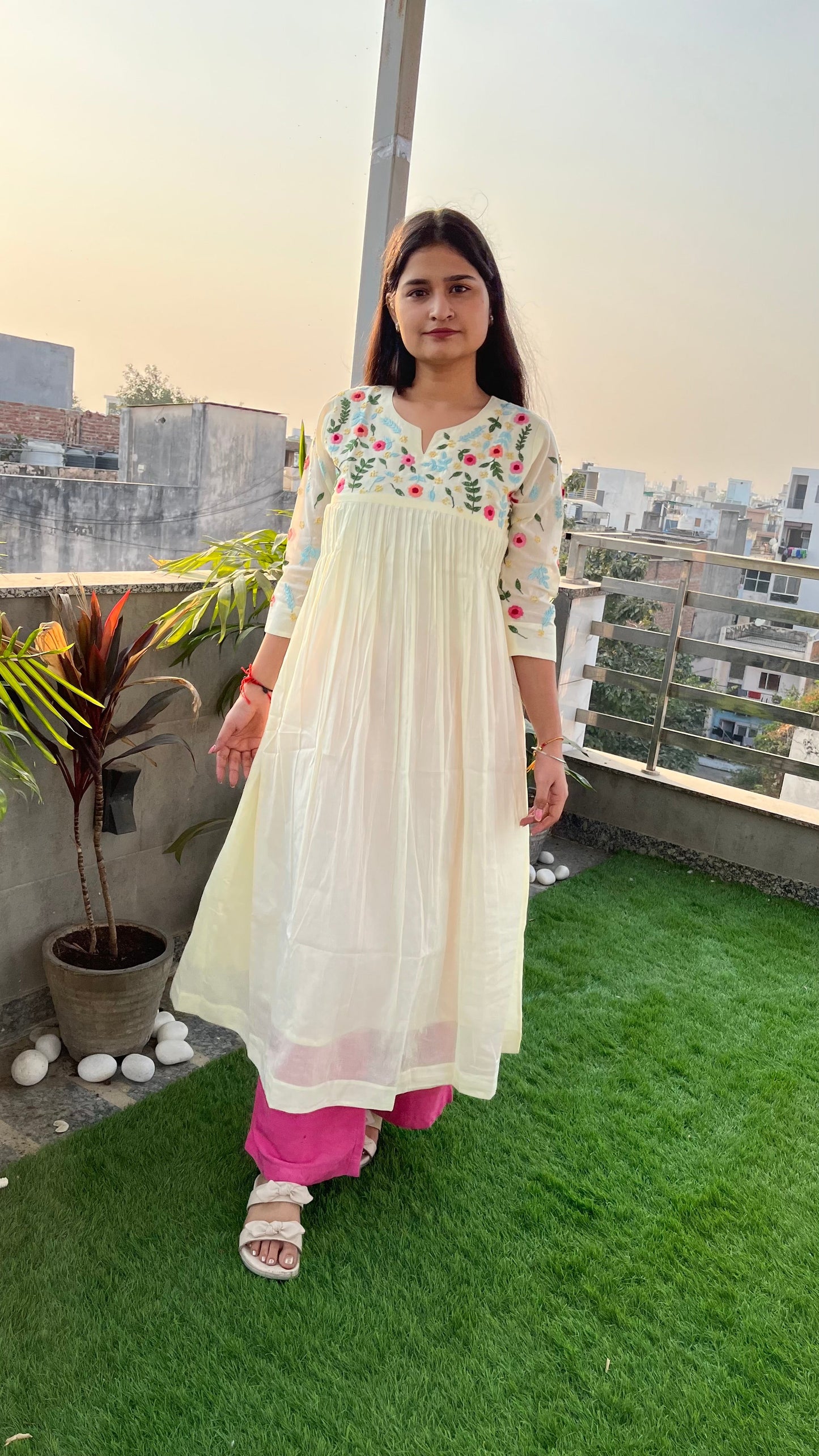 Pure Mul Cotton Dress With Pants - White