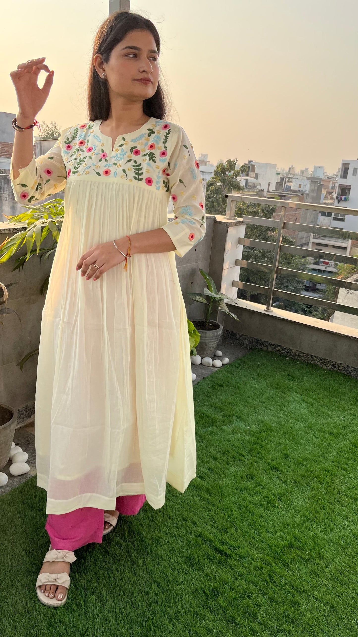 Pure Mul Cotton Dress With Pants - White