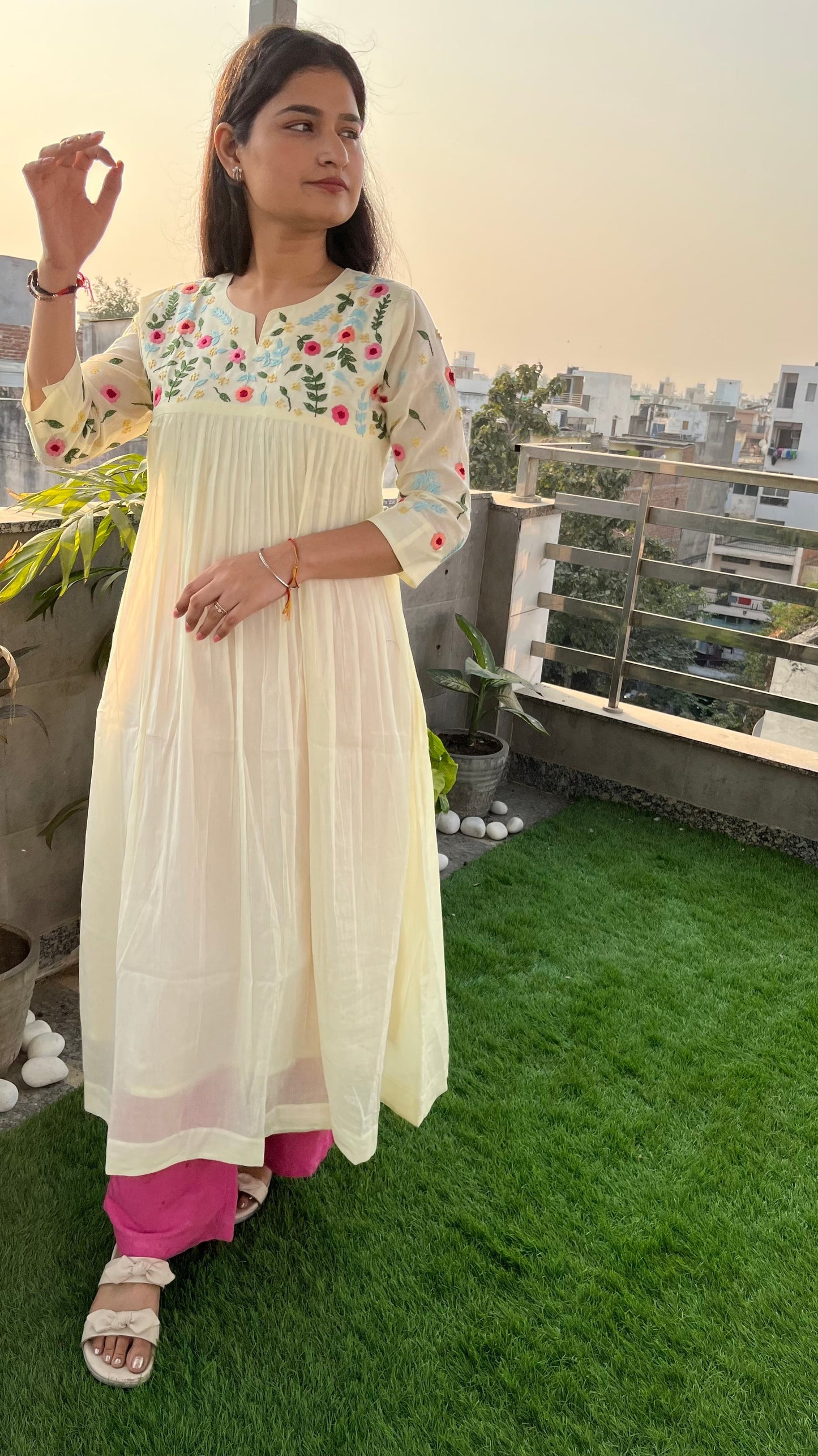Pure Mul Cotton Dress With Pants - White