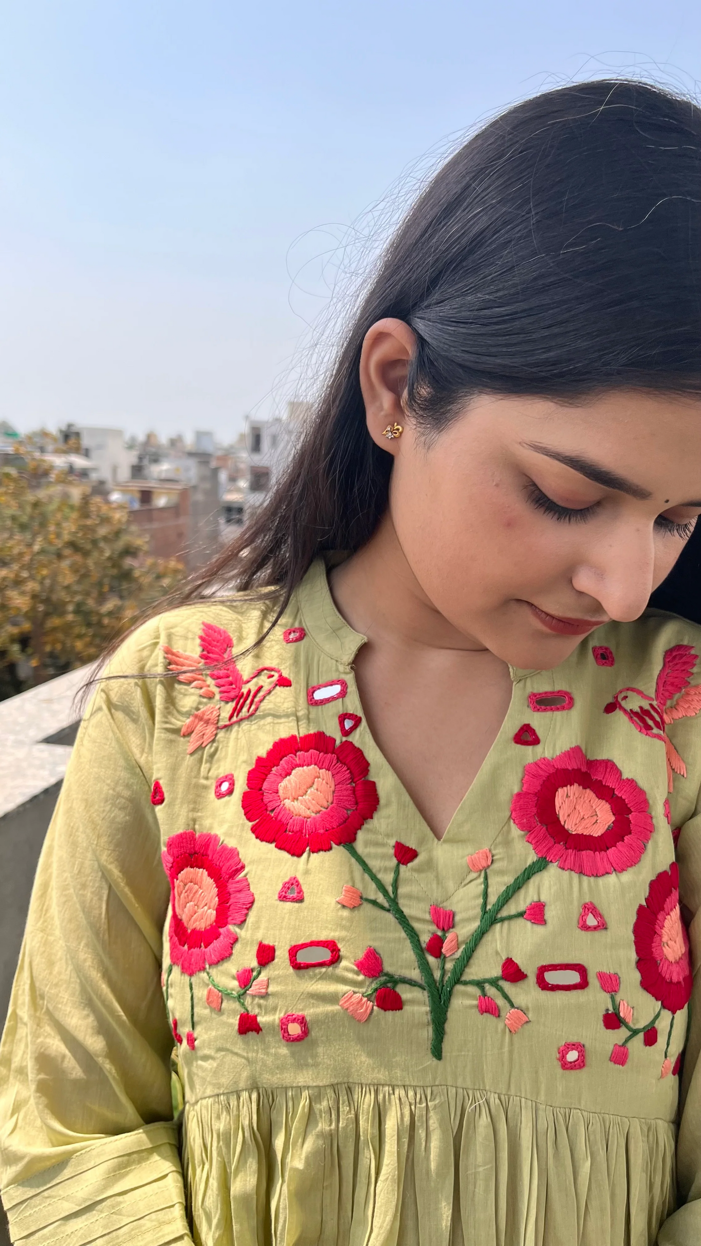 Blossom- Hand Thread Embroidery Mul Cotton Dress with Pant - Pastel Green