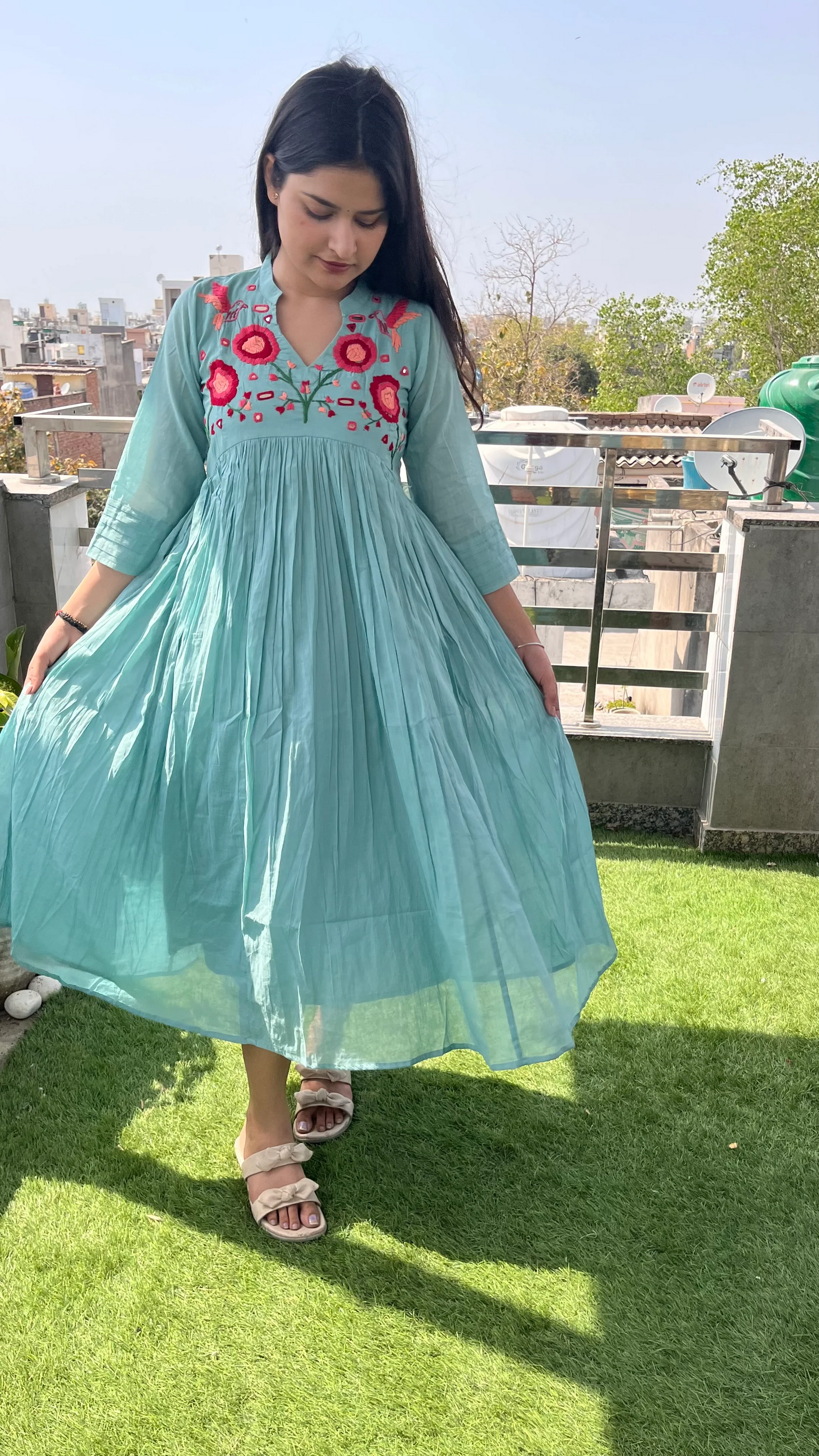 Blossom- Hand Thread Embroidery Mul Cotton Dress with Pant - Pastel Blue