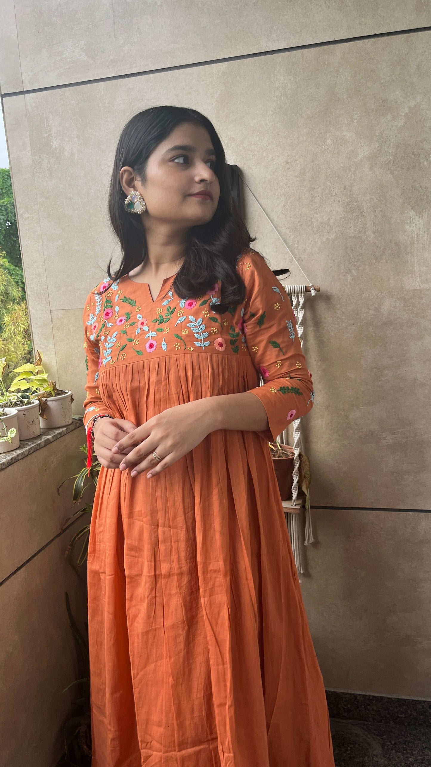 Pure Mul Cotton Dress With Pants - Burnt Orange