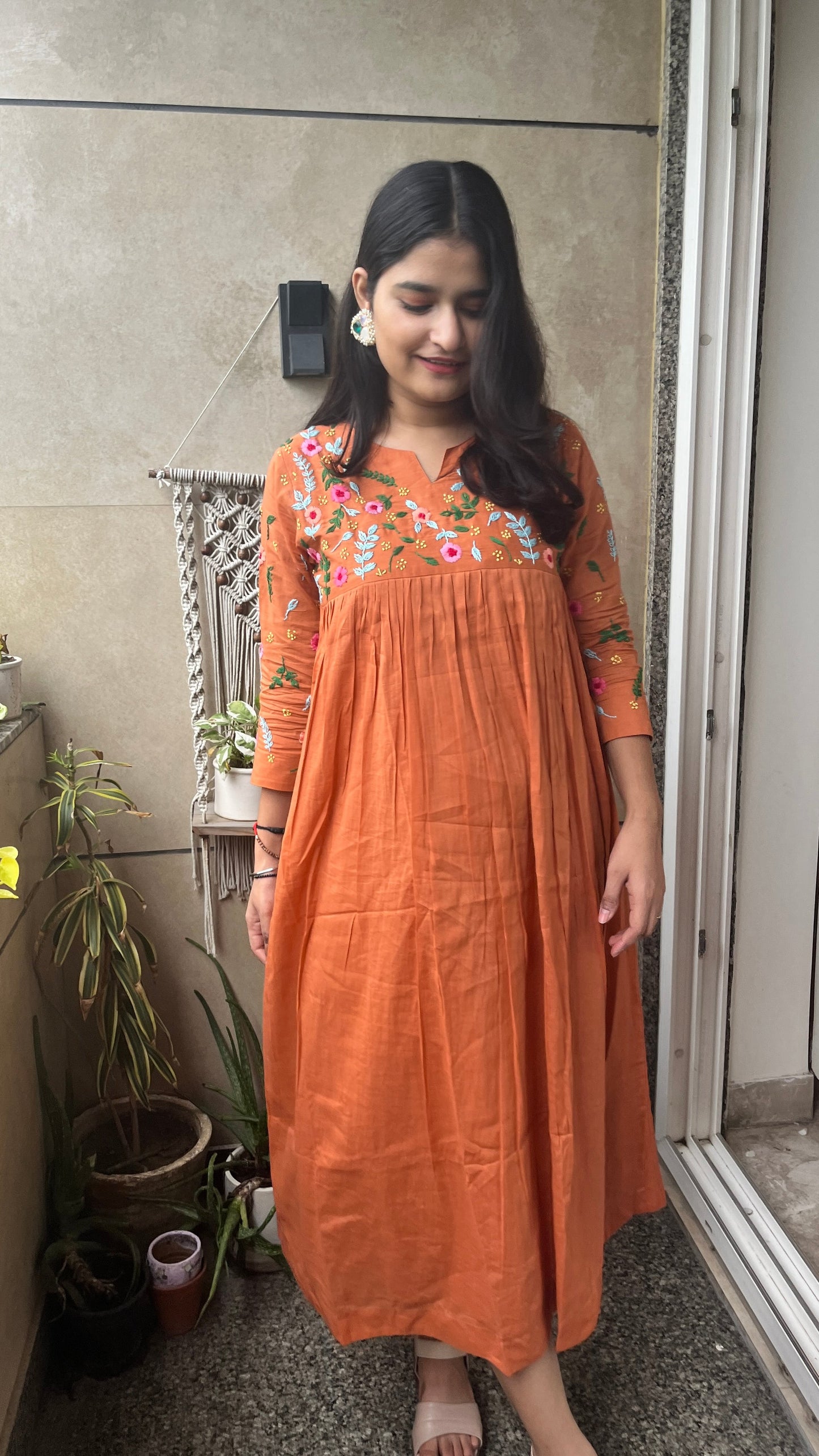 Pure Mul Cotton Dress With Pants - Burnt Orange